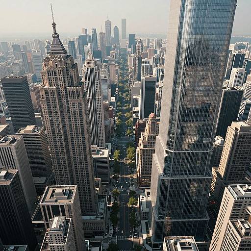 Aerial photograph of a bustling city skyline, showcasing towering skyscrapers with reflective glass and classic stone buildings, lined with green trees down the central street