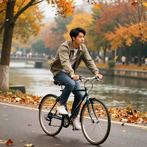 Photograph of an Asian man with short black hair riding a black bicycle along a park path with autumn leaves and a river in the background.
