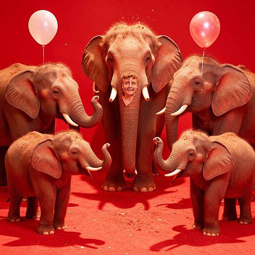 Photograph of five Asian elephants, four smaller ones flanking a large central one, all raising trunks, against a red background with two white balloons