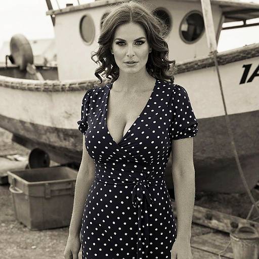 Photograph of a woman with wavy brown hair, wearing a black polka dot dress with deep V-neck, standing in front of an old,