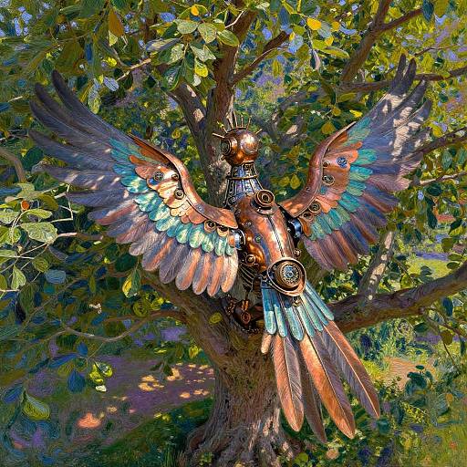 Digital painting of a mechanical angel with copper and blue feathered wings, perched on a sunlit tree, surrounded by lush green leaves.