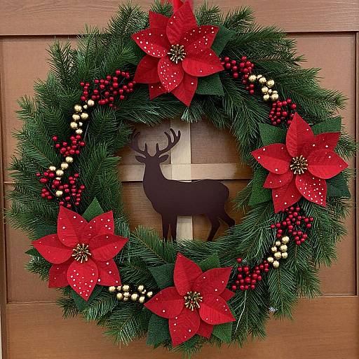 Christmas wreath with red poinsettias, white and red berries, and a black deer cutout, hanging on a wooden door.