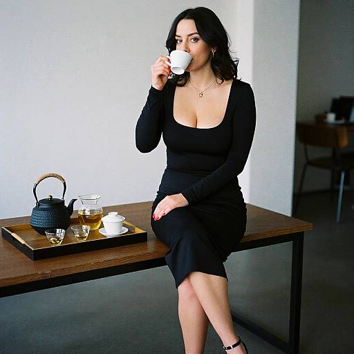 Photograph of a brunette woman in a black, long-sleeve, low-cut dress, sipping tea from a white cup, seated on a