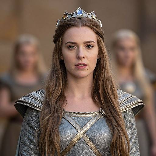Photograph of a young woman with long brown hair, wearing a silver crown and medieval-style armor dress, standing in front of two blurred blonde women.