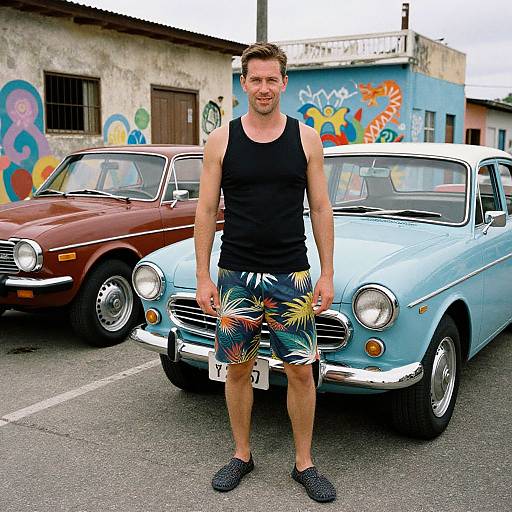 Photograph of a smiling man in a black tank top and colorful floral shorts, standing between two vintage cars, one blue and one brown, with vibrant