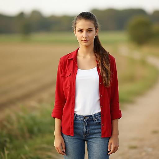 Photograph of a young woman with long brown hair in a ponytail, wearing a red button-up shirt, white tank top, and blue jeans,