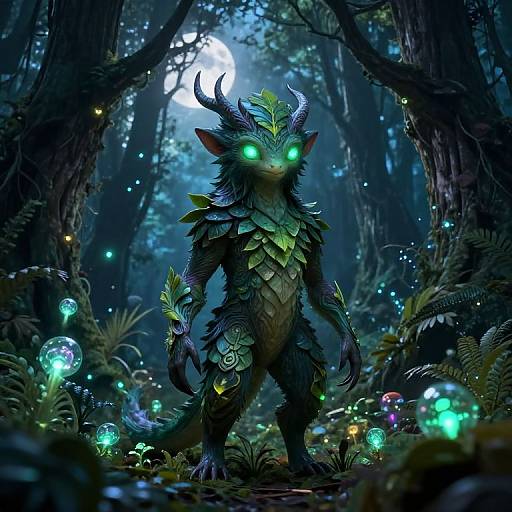 Digital fantasy artwork of a glowing, green-eyed, horned, dragon-like creature with leafy scales standing in a dark, enchanted forest with biolum