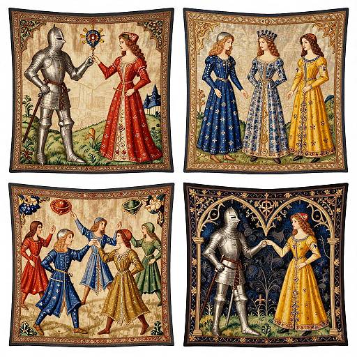 Four medieval tapestry panels depicting knights and ladies in colorful, detailed clothing, with one knight and three ladies in blue, red, yellow dresses. Each