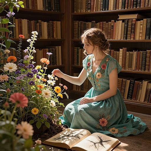 Photograph: Young woman in teal floral dress, kneeling by sunlit garden in library, gently touching flowers, open book beneath.