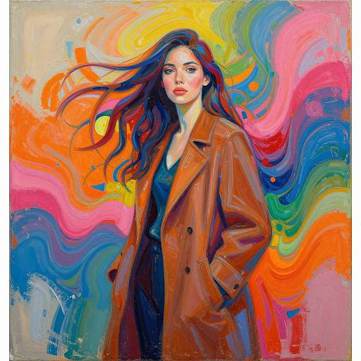 Vibrant digital painting of a confident woman with long dark hair, brown coat, and black top, standing against a colorful, swirling background.