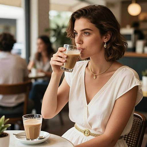 Fashionable Woman Drinking Chai in Cafe