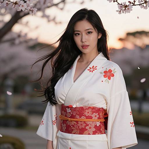 Photograph of an Asian woman with long black hair, wearing a white kimono with red floral patterns, and a red obi belt, standing among