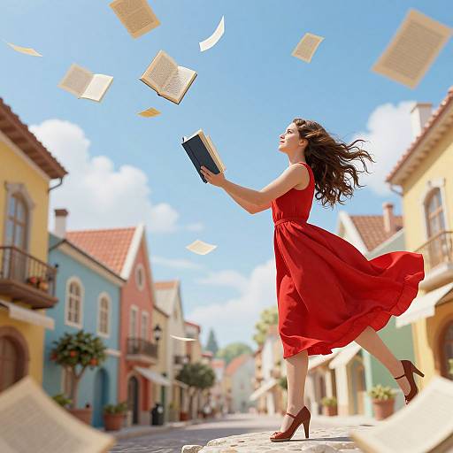Photograph of a woman in a flowing red dress, with long dark hair, joyfully jumping, books flying, in a sunlit, colorful European