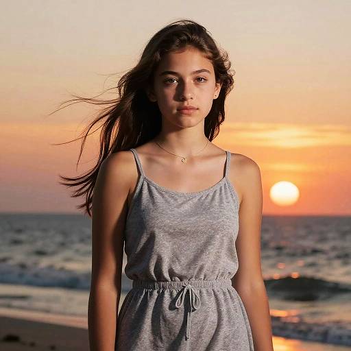 Photograph of a young woman with long brown hair, wearing a gray spaghetti-strap dress, standing on a beach at sunset, with an orange and