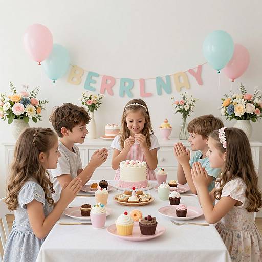 Photograph of five young girls celebrating a birthday, surrounded by pastel balloons, flowers, and cupcakes, singing 