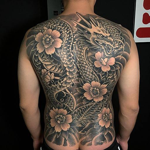Photograph of a muscular man's back, featuring a detailed black and gray tattoo of a dragon surrounded by large, realistic flowers. Dark background with partial