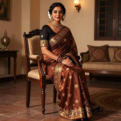 Photograph of a smiling Indian woman in a brown silk saree with gold embroidery, seated on a wooden chair in a warmly lit, traditional interior.