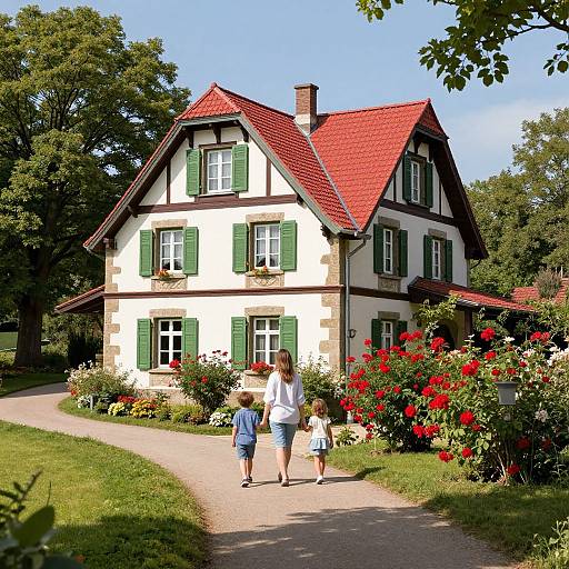 Photograph of a family with two children walking on a path past a charming white, green-shuttered, red-roofed cottage surrounded by vibrant