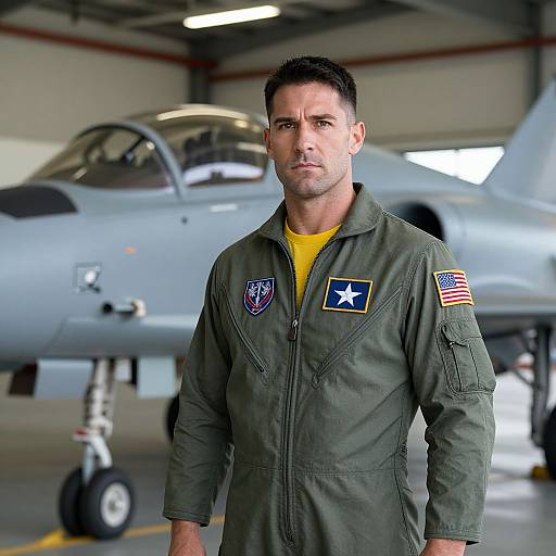 Photograph of a serious, muscular, short-haired man in a green military flight suit with patches, standing in front of a gray jet aircraft in a