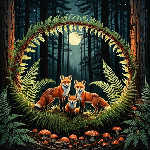 Surreal Forest Scene with Red Fox Family Surreal Forest Scene with Red Fox Family