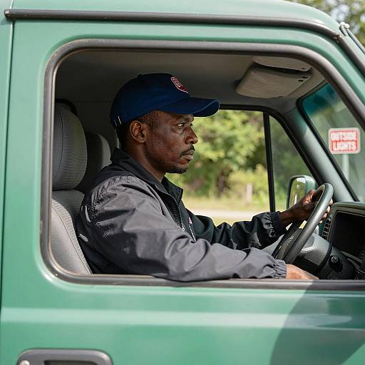 Focused Man in Green Truck Interior