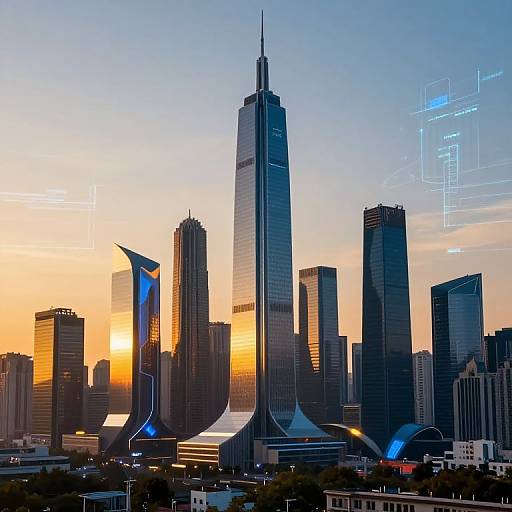 Photograph of Chicago's skyline at sunset, featuring the Willis Tower prominently, surrounded by modern skyscrapers with illuminated blue accents.