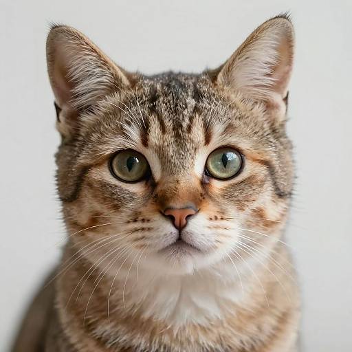 Close-up photograph of a tabby cat with green eyes, brown and black striped fur, white chest, and pink nose, against a plain white background
