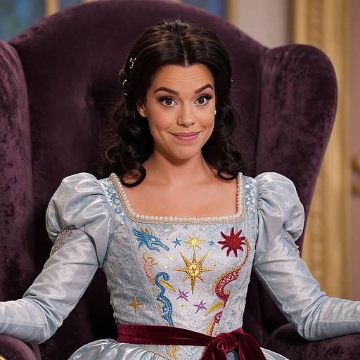 Photograph of a smiling woman with dark hair, wearing a light blue, star-embroidered princess dress, seated in a dark velvet armchair