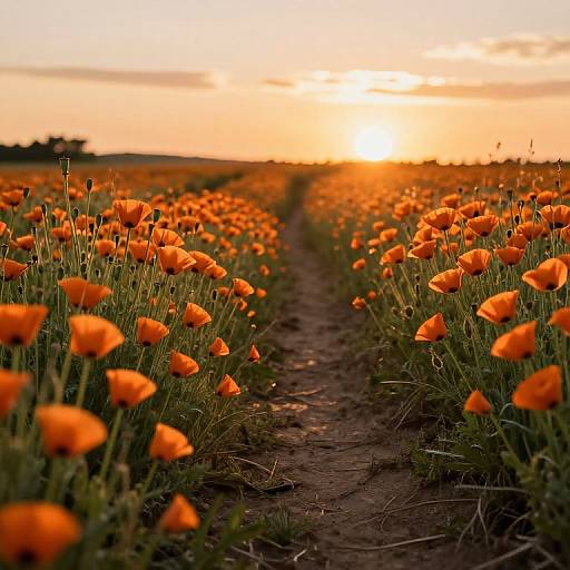 Photograph of a vibrant orange poppy field at sunset, with a dirt path running through the center, under a golden sky.