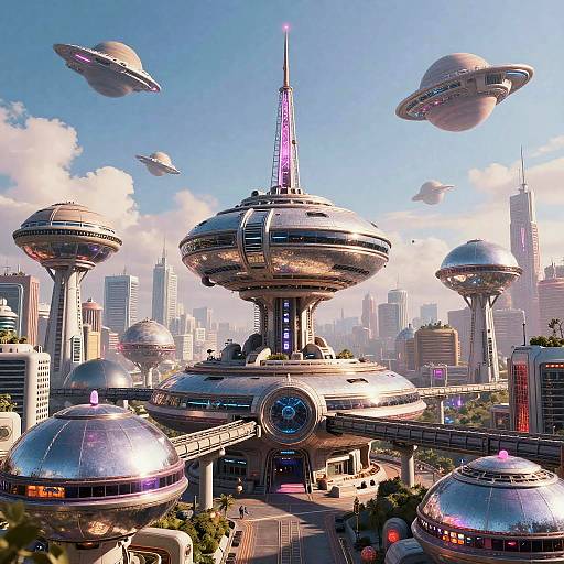 Raypunk Futuristic Metropolis with Hovering Starships