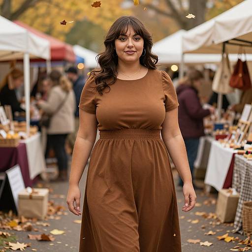 Photograph of a curvy, brunette woman with wavy hair wearing a brown dress, standing in a bustling outdoor market with autumn leaves and white canopy