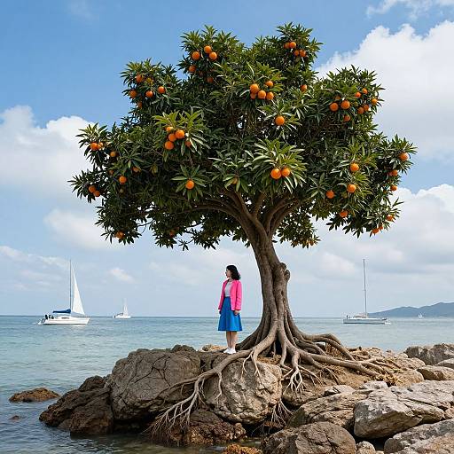 Photograph of a young woman in a pink top and blue skirt standing under an orange tree with exposed roots, overlooking a calm sea with white sailboats