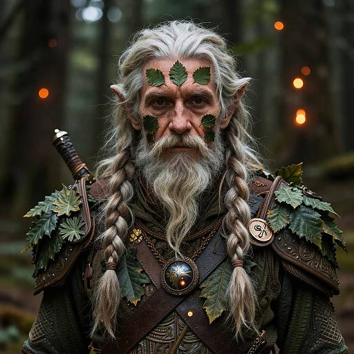 Photorealistic digital art of a white-haired, bearded elf with green leaf tattoos, braided hair, leaf-adorned armor, forest background