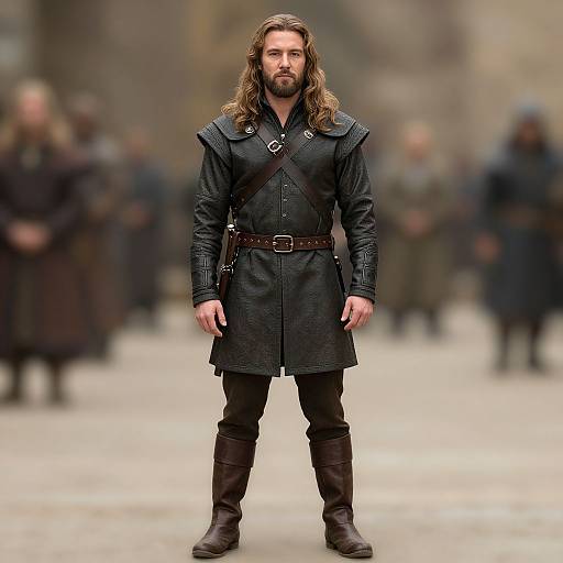 Photograph of a bearded man with long brown hair, wearing a black leather medieval-style coat, brown belt, and boots, standing confidently in a