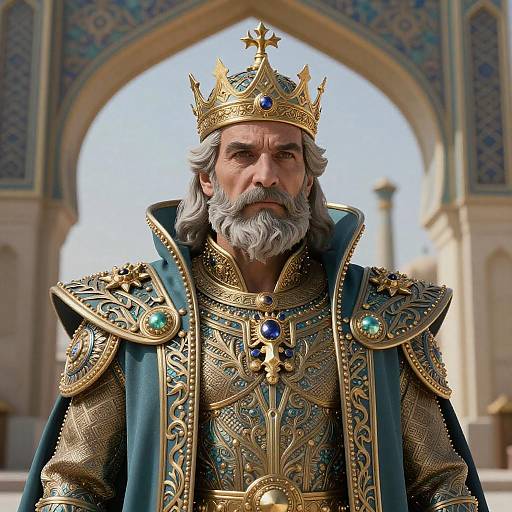 Regal King in Ornate Armor with Crown