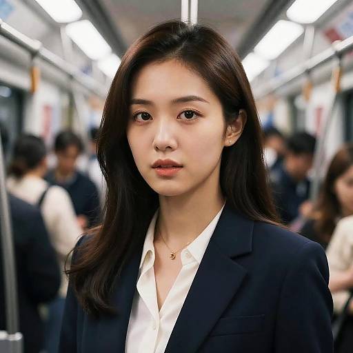 Photograph of an Asian woman with long black hair, wearing a black blazer and white shirt, standing in a blurred, busy subway car with fluorescent