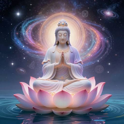 Photorealistic digital art of a serene Buddha in white robes, meditating on a glowing pink lotus flower, surrounded by a cosmic galaxy with swirling