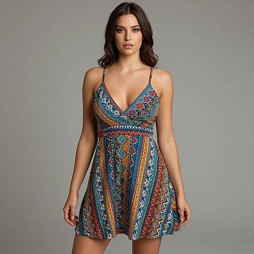 Photograph of a dark-haired woman wearing a colorful, patterned, sleeveless V-neck dress with thin straps, standing against a plain gray background.