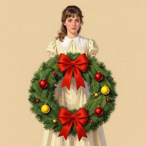 Digital illustration of a young woman with brown hair in a white dress, holding a large Christmas wreath with red bows and red and yellow ornaments against a