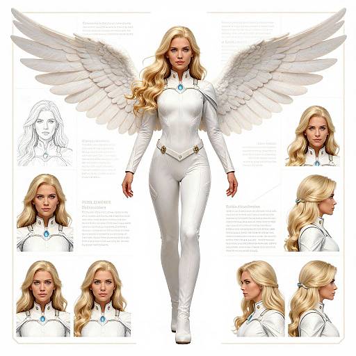 Digital character design: blonde woman with white wings, tight white bodysuit, blue gem, various headshots showing expressions, detailed feathers, clean white