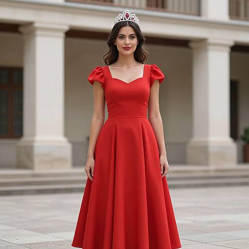 Photograph of a young woman with fair skin, dark wavy hair, wearing a red, V-neck, short-sleeved gown with puffed