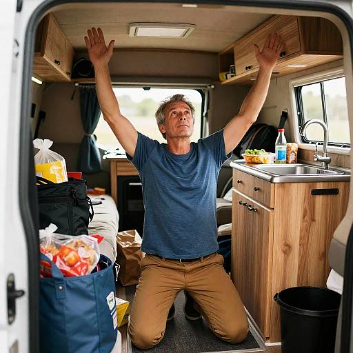 Middle-Aged Man in Cluttered Camper Van