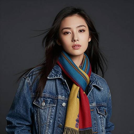 Young Woman in Denim Jacket and Colorful Scarf