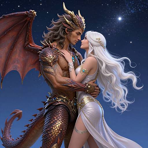 Digital artwork of a muscular, red-scaled dragon-man with golden armor and large wings, passionately embracing a white-haired, ethereal angel-woman in