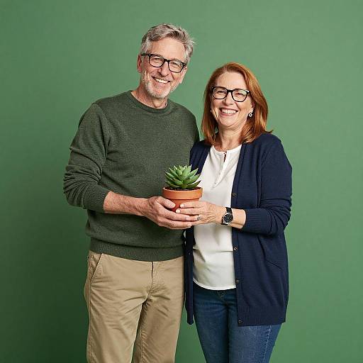Joyful Couple Holding Succulent Plant
