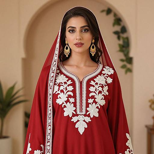 Photograph of a South Asian woman with dark hair, wearing a red traditional embroidered kameez, veil, and gold earrings, standing in an ar