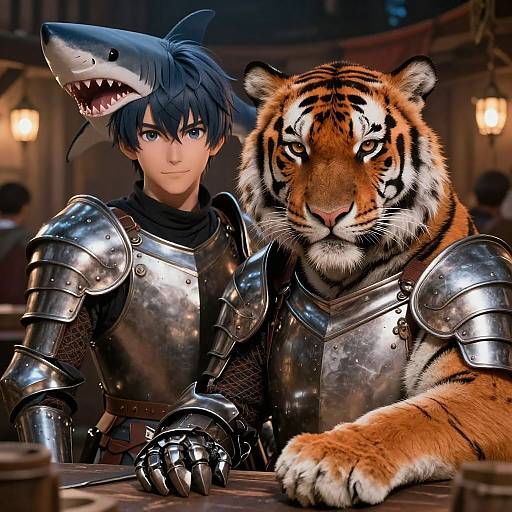 Digital artwork of a young man with blue hair wearing shark headgear and tiger armor, standing next to a tiger, both in medieval-style armor. Warm