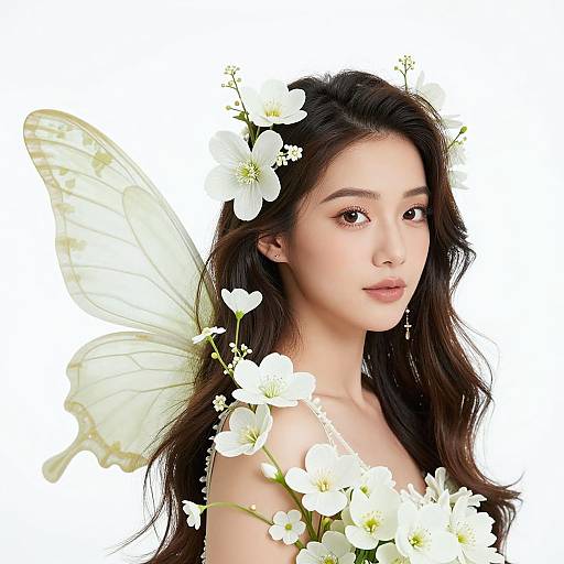 Photorealistic digital artwork of an Asian fairy with long black hair, white flowers in her hair, and translucent wings, set against a white background.