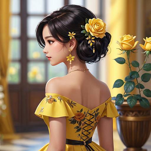 Elegant Woman in Yellow Dress with Floral Hair Ornament