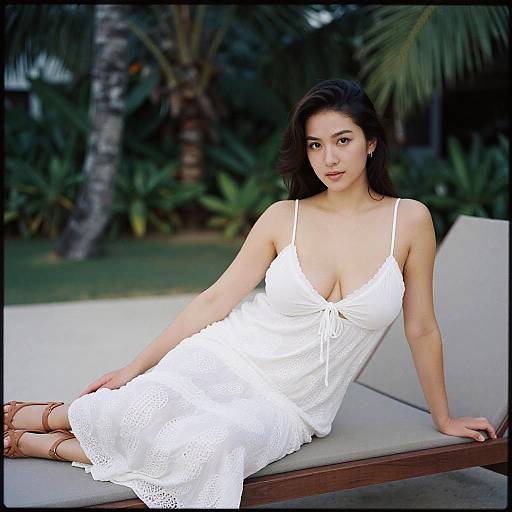 Photograph of an attractive Asian woman with long black hair, wearing a white, lace-trimmed, low-cut sundress, reclining on a